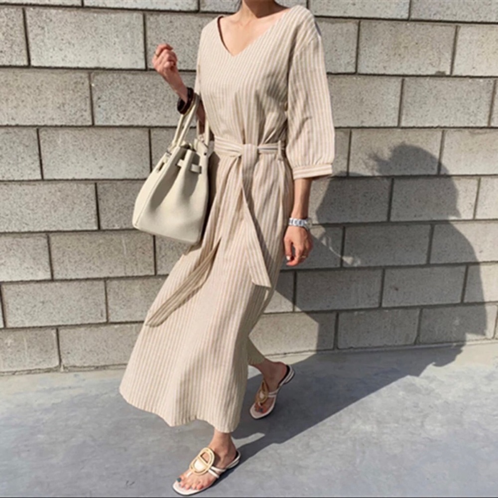 Stripe dress khaki beige pocket white belted long v-neck dresses summer spring